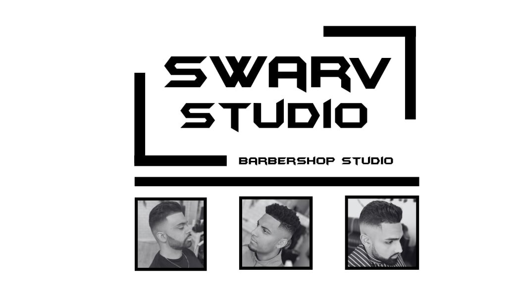 Swarv Studio logo and three example haircut photos